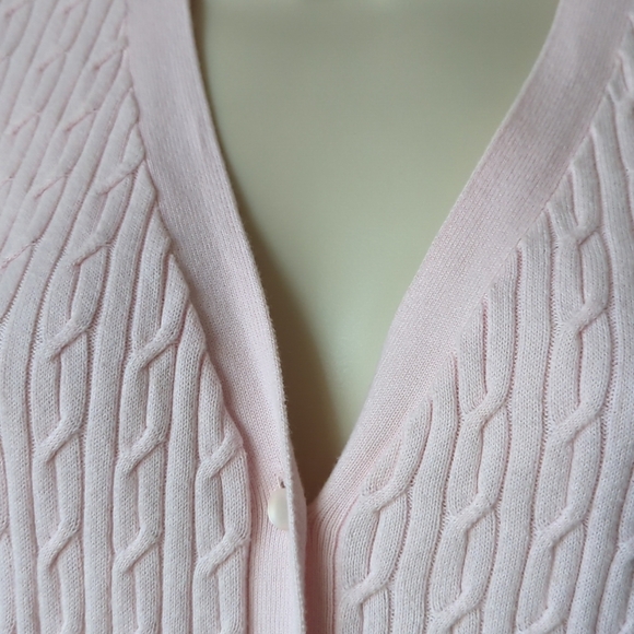 Talbot's MP Pastel Pink Sweater Cable Knit Button Up Short Sleeve - Picture 3 of 7